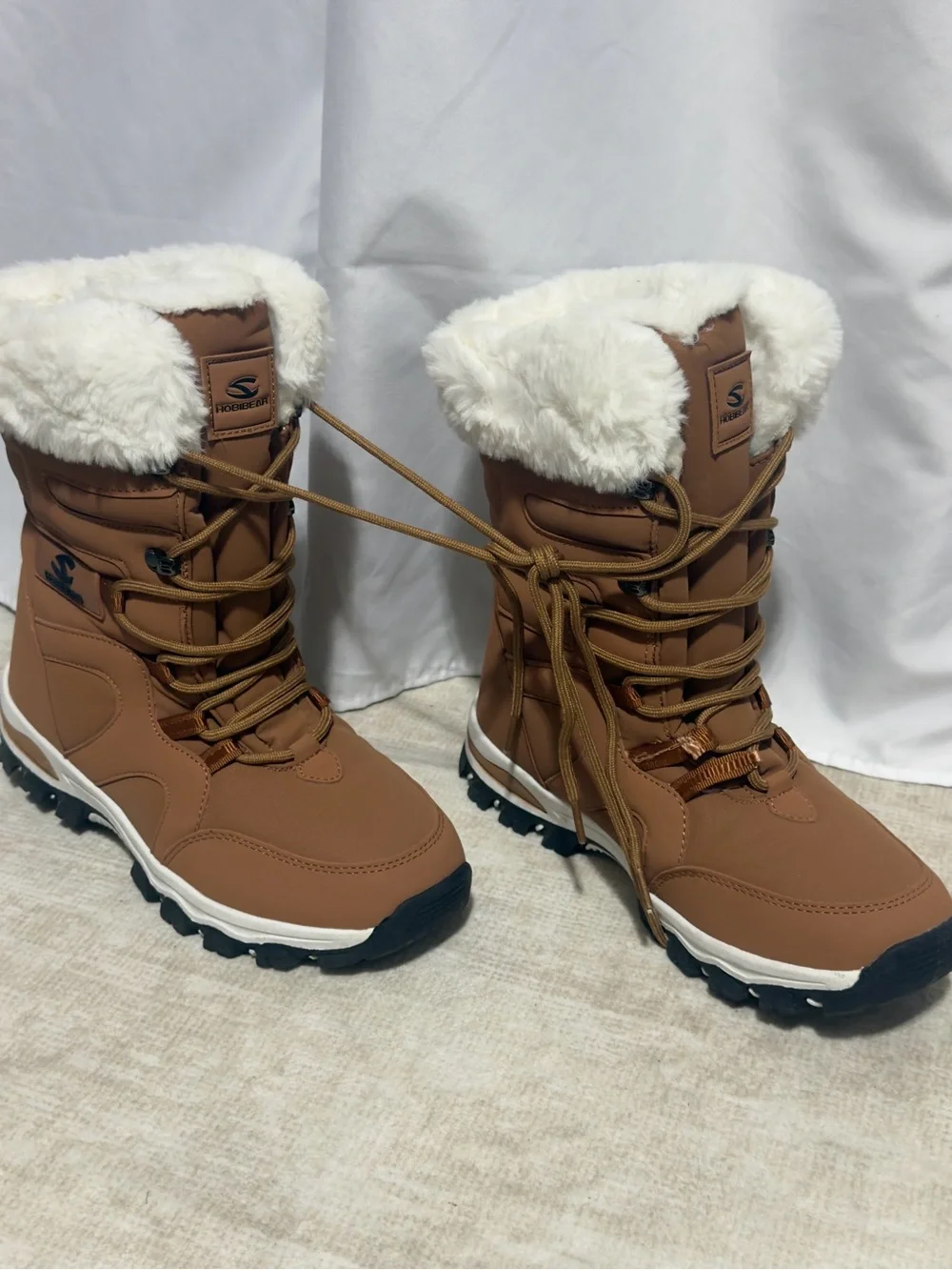 Hobibear Waterproof Winter Snow Boots Faux Fur Trim Lace Up Tan Brown